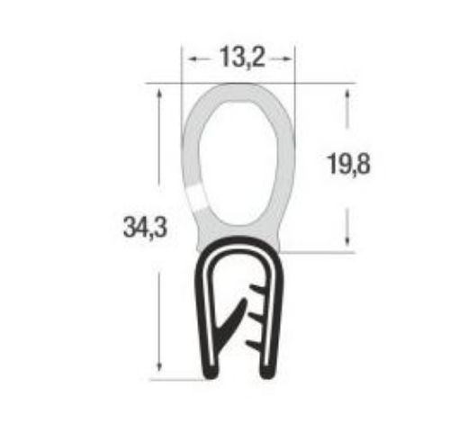 ProfilA1104/4-50 Kantenschutzdichtprofil aus PVC, B/H: 13,2/33,8 * K: 2-4mm, mit eingebetteten Metallklemmbändern, Moosgu.-Aufsatz, 