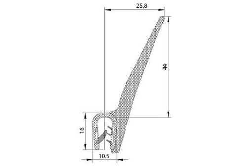 PROFILA1105/6-25 Kantenschutzdichtprofil aus PVC, B/H: 10,5/58 * K: 4-6 MM mit eingebetteten Metallklemmbändern, seitl. Moosgu. 