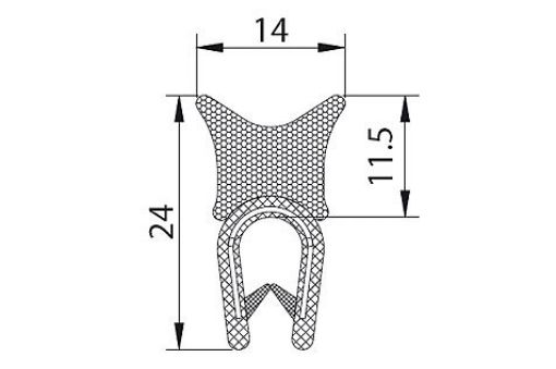 PROFILA1110-50 Kantenschutzdichtprofil aus PVC, B/H: 14,0/24 * K: 1-4 mm mit eingebetteten Metallklemmbändern, Moosgu.-Aufsatz, entspr. 461.0065 