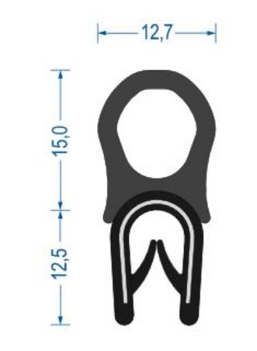 ProfilA1117-50 Kantenschutzdichtprofil aus PVC, B/H: 12,7/27,5 * K: 1-4 mm, mit eingebetteten Metallklemmbändern, Moosgu.-Aufsatz, entspr. 6088.0070, 