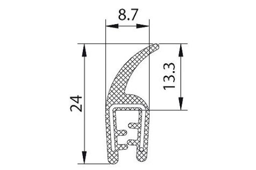 PROFILA1501-50 KANTENSCHUTZDICHTPROFIL AUS EPDM, B/H: 08,6/24 * K:1,5-2,5 mit eingebetteten Metallklemmbändern, EPDM-Aufsatz, 