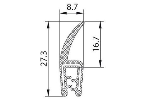 ProfilA1521-50 Kantenschutzdichtprofil aus EPDM, B/H: 08,7/27,9 * K: 1-3 mm mit eingebetteten Metallklemmbändern, EPDM-Aufsatz, 