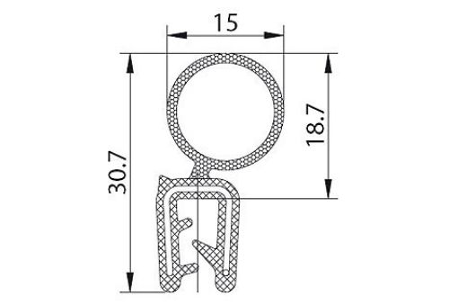 PROFILA1525-50 KANTENSCHUTZDICHTPROFIL AUS EPDM, B/H: 15,0/30,7 * K: 1-3 MM mit eingebetteten Metallklemmbändern, Moosgu.-Aufsatz, entspr. 461.0085 