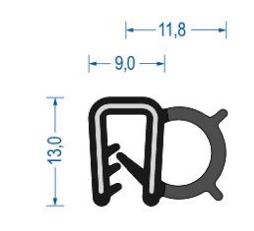 PROFILA1549-VE50 Kantenschutzdichtprofil aus EPDM, B/H: 09/13 * K: 2 mm, mit eingebetteten Metallklemmbändern, seitl. Moosgu., 