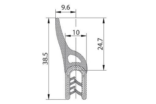 PROFILA2127-50 KANTENSCHUTZDICHTPROFIL AUS PVC, B/H: 10/38,5 * K: 1,5-3 MM mit eingebetteten Metallklemmbändern, Moosgu.-Aufsatz, 