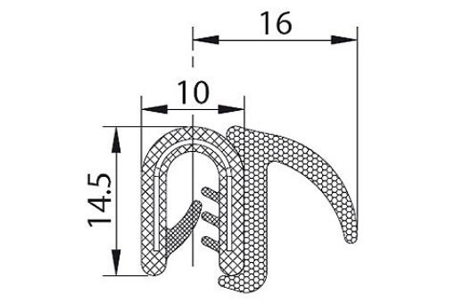 ProfilA2256-50 Kantenschutzdichtprofil aus PVC, B/H: 10,0/14,5 * K: 1-4 mm mit eingebetteten Metallklemmbändern, seitl. Moosgu. 