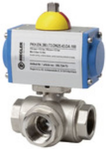 350.727-T3 3-Wege Messing-Kugelhahn G 2 pneumat. Drehantrieb, doppeltwirkend  Stellung T3 / DN 50 / SW 70 Steue  