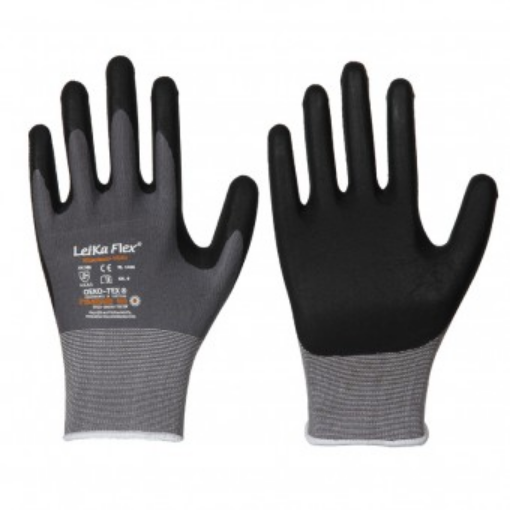 LeiKaFlex 1466, Größe: 8 (M) Nylon-Elastan-Feinstrick-Handschuh grau, mit schwarzer Mikro-Schaum-Nitril-Beschichtung 