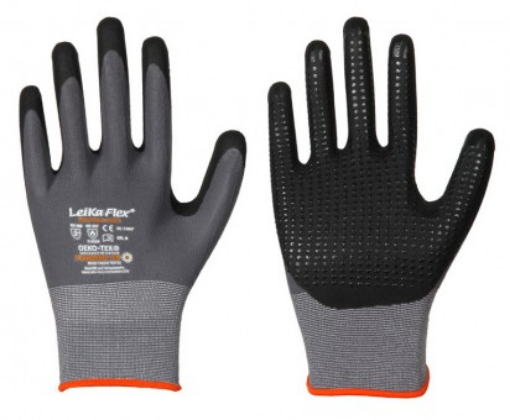 LeiKaFlex 1467, Größe: 9 (L) Nylon-Elastan-Feinstrick-Handschuh mit Noppen grau, mit schwarzer Mikro-Schaum-Nitril-Beschichtung 