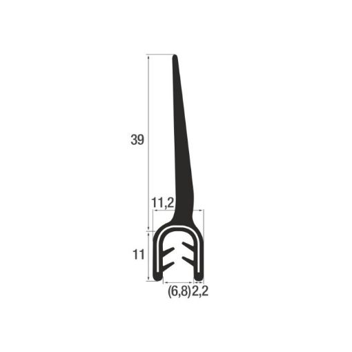 Profil011058-25 Kantenschutzdichtprofil aus EPDM, H: 11/39 B: 11,2 KB: 2-4mm, mit Moos-/Zellgummi-Aufsatz, schwarz, 
