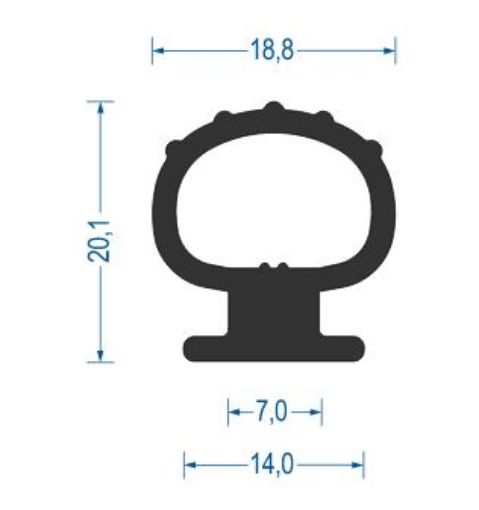 Profil5403029-25 Fingerschutz-/Rolltorprofil EPDM 70° Sh.,  Breite: 14/18,8 mm, Höhe: 20,1 mm, 